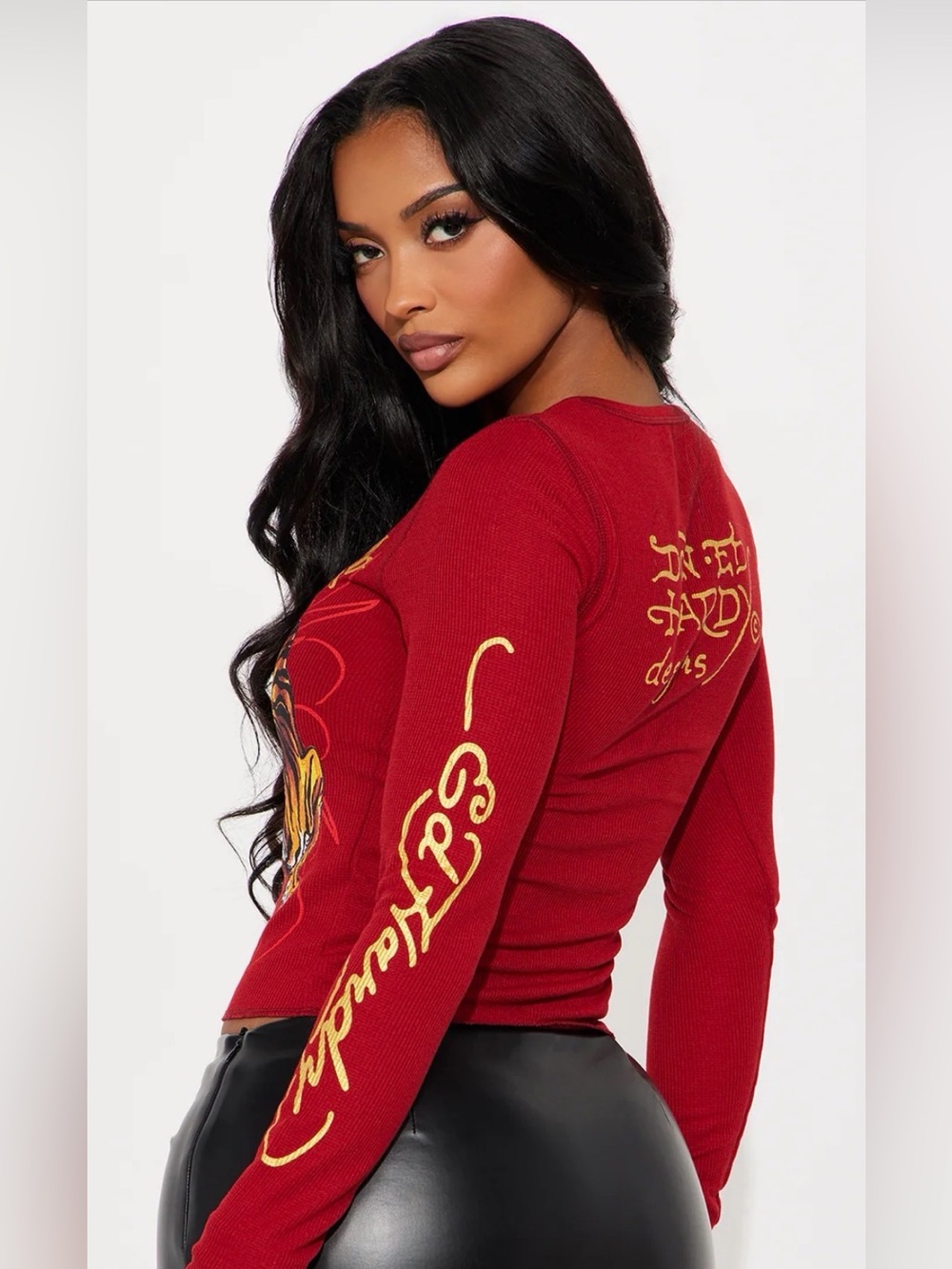 Women’s Ed Hardy Crawling Tiger Thermal Top Long Sleeve Tee - Wine - Size Large - Picture 6 of 12